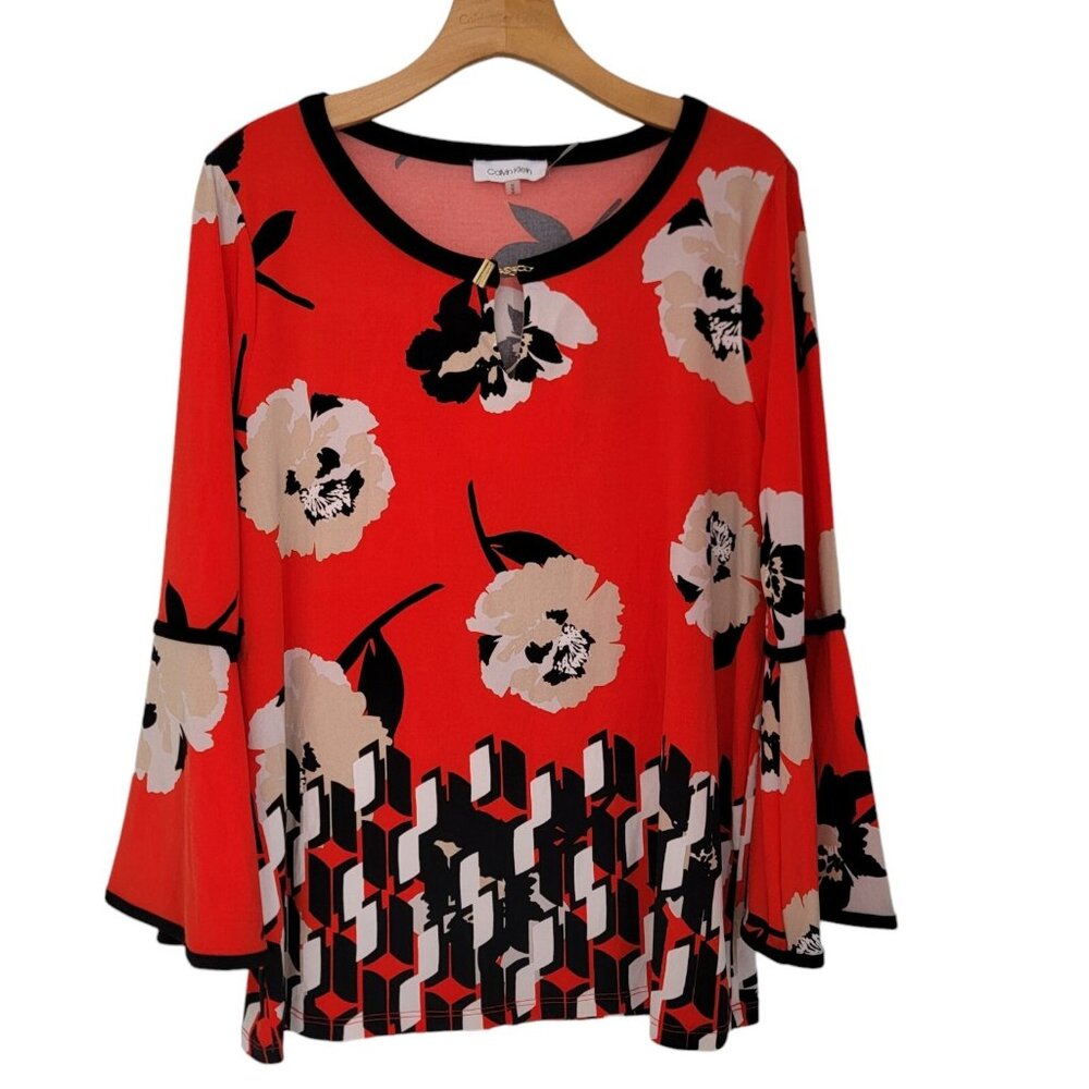 CALVIN‎ KLEIN Floral Blouse Colorful Bright  Print Bell Sleeve Sz Medium NWOT